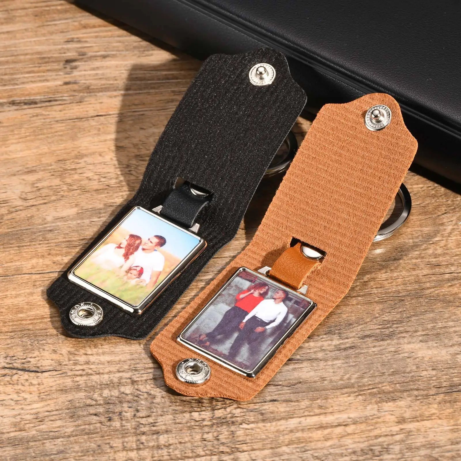 close up of engraved photo keychain with leather finish