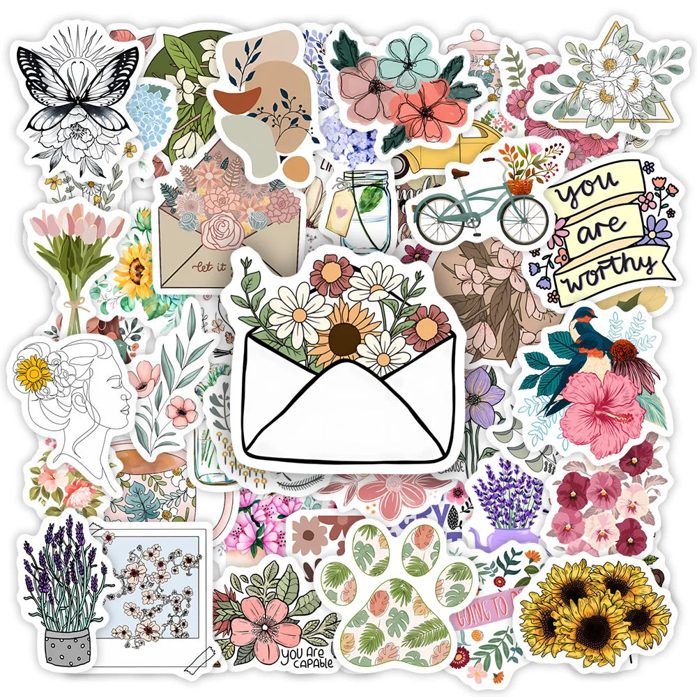 Floral aesthetic sticker pack with colorful flower illustrations for laptops, journals, and DIY crafts