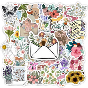 Floral aesthetic sticker pack with colorful flower illustrations for laptops, journals, and DIY crafts