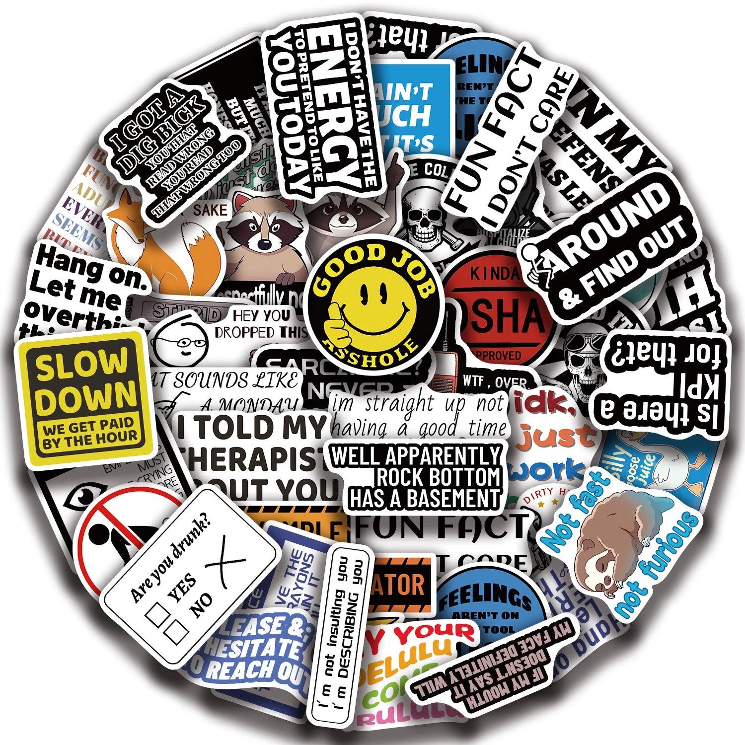 Funny sticker pack with bold typography and cartoon characters for daily accessories