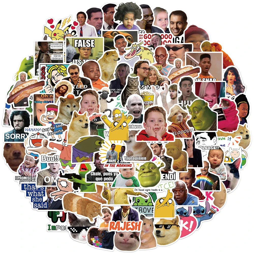Funny meme stickers pack with colorful cartoon vinyl decals spread on white background
