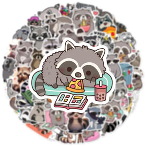 Funny raccoon cartoon stickers with expressive faces and playful designs