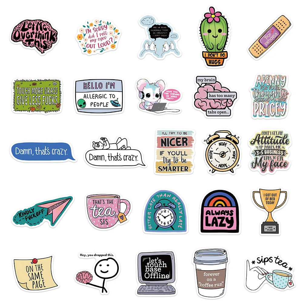 Funny sarcastic cartoon stickers pack with bold text and expressive designs