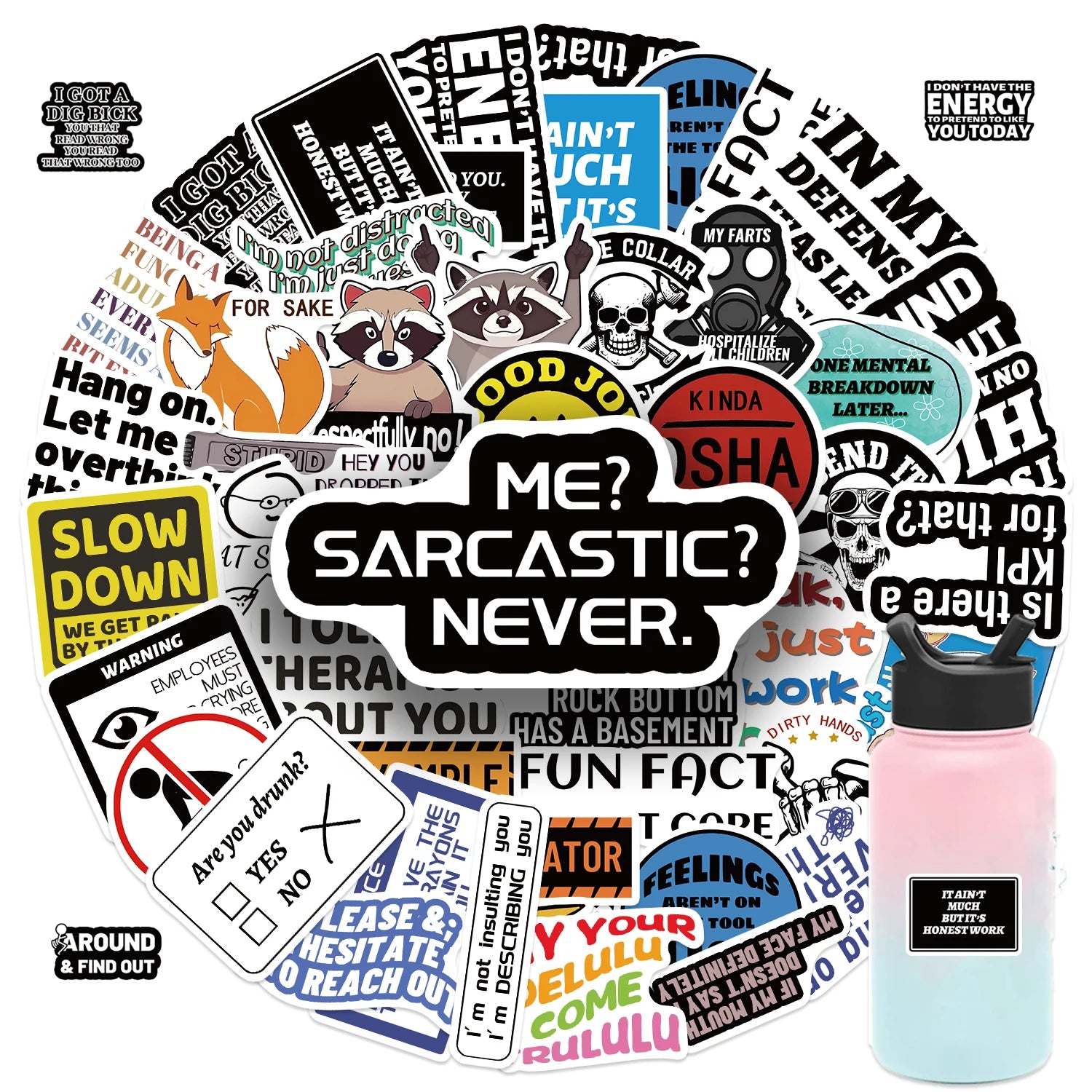 Funny sarcastic cartoon vinyl stickers pack with bold quotes, waterproof and reusable, perfect for laptops, water bottles, and accessories