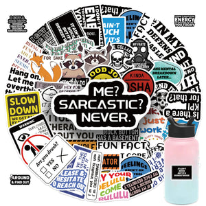 Funny sarcastic cartoon vinyl stickers pack with bold quotes, waterproof and reusable, perfect for laptops, water bottles, and accessories