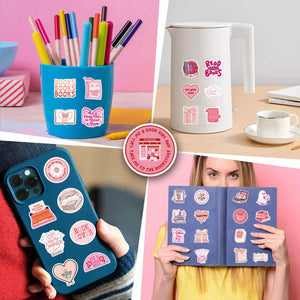 Girly book club stickers in pink aesthetic style for journals and laptops