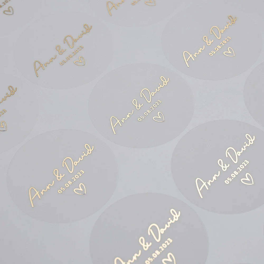 Close-up of gold foil print on clear round thank you sticker
