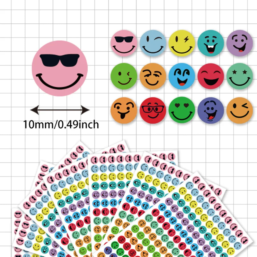 Bulk happy face sticker sheets featuring colorful round smiley labels for school and office use
