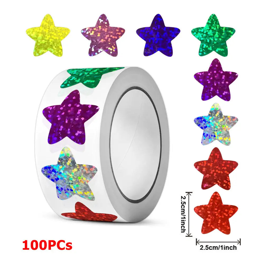 Holographic star sticker roll with colorful glitter stars for kids rewards and crafts