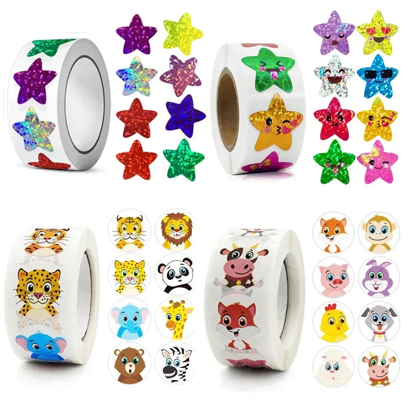 Holographic star stickers roll with colorful shiny reward labels for kids crafts and classrooms
