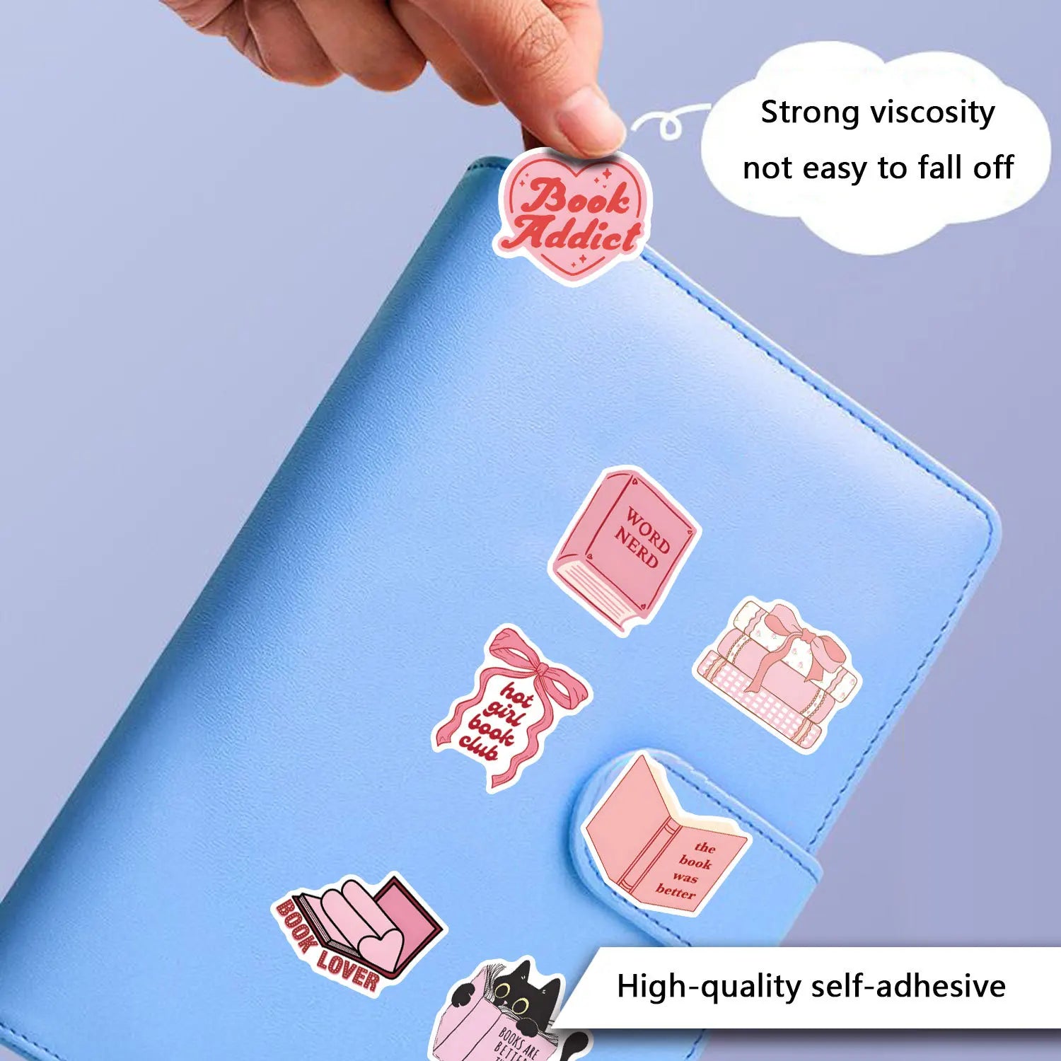 Pink bookish aesthetic stickers with girly cartoon artwork