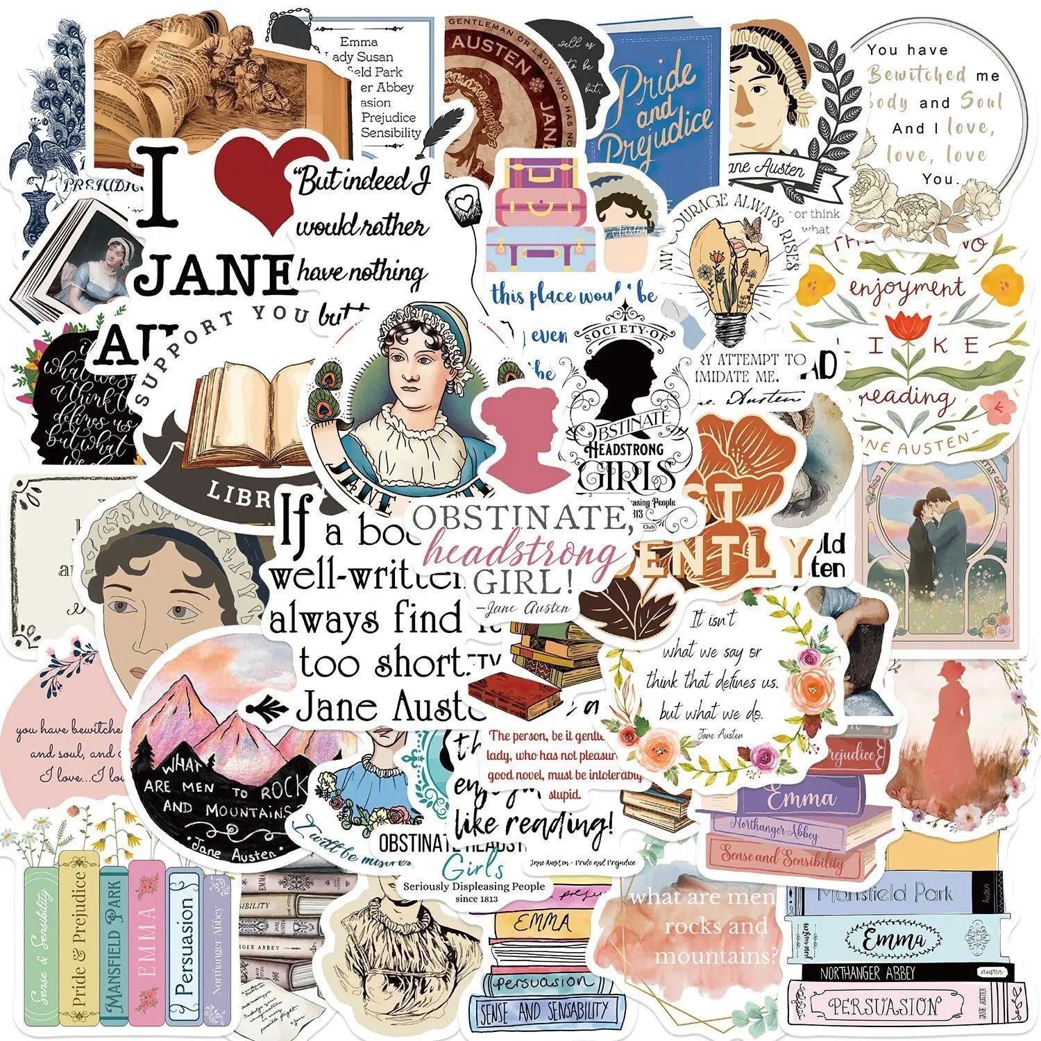 Classic literature bookish stickers inspired by Jane Austen with vintage quotes and artwork