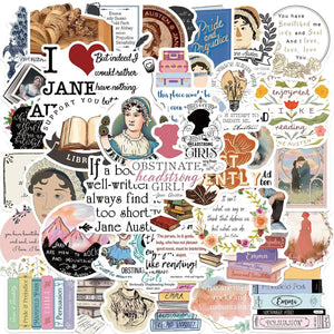 Classic literature bookish stickers inspired by Jane Austen with vintage quotes and artwork