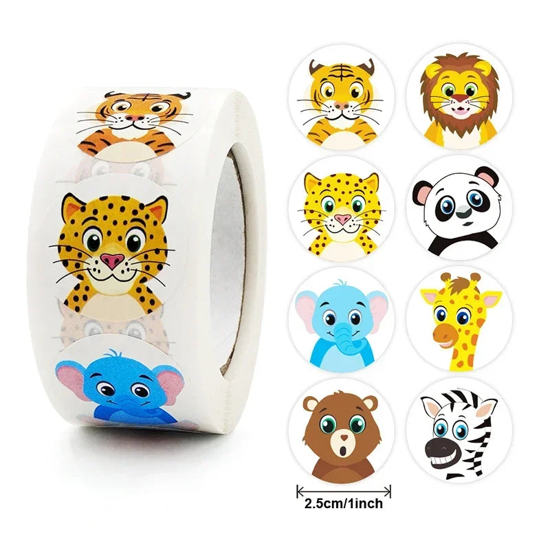 Jungle animal cartoon sticker roll with tiger lion panda elephant and giraffe faces