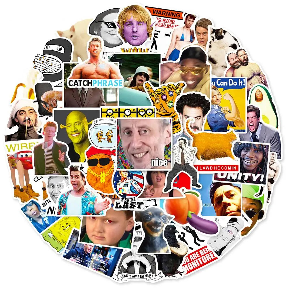 Waterproof graffiti meme stickers pack for laptops, skateboards, and DIY craft