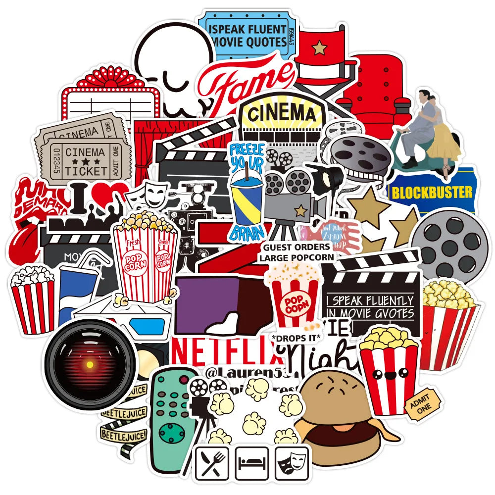 Kawaii movie stickers with popcorn, film reels, and cute cinema characters