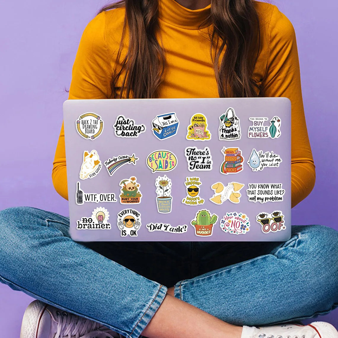 Kawaii sarcasm sticker collection featuring humorous phrases and cute characters