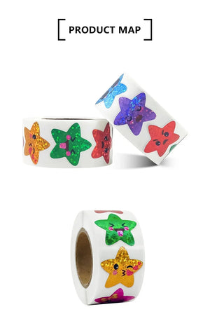 Colorful kawaii star sticker rolls with cute cartoon designs on white background