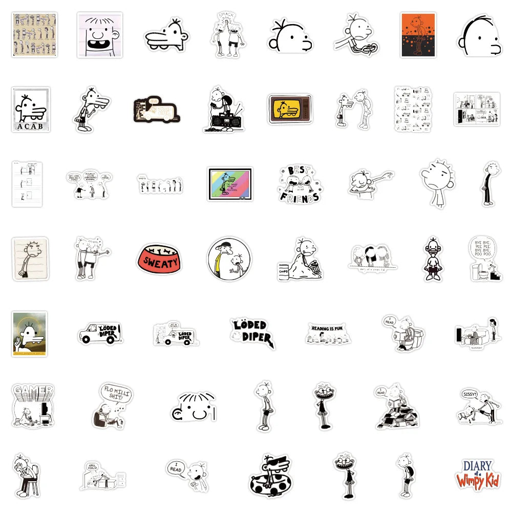 Black and white cartoon stickers inspired by wimpy kid comic art