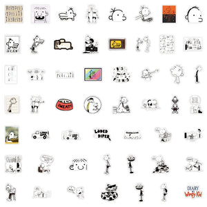 Black and white cartoon stickers inspired by wimpy kid comic art
