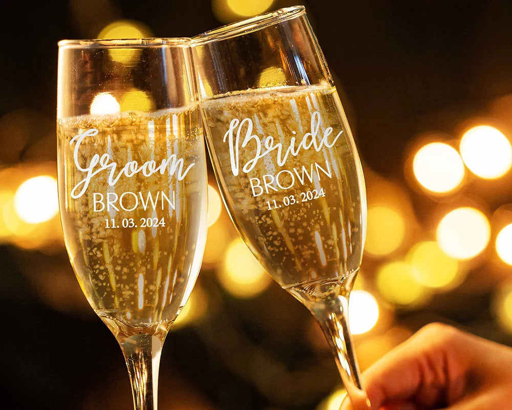 Laser engraved champagne flutes with permanent personalized text
