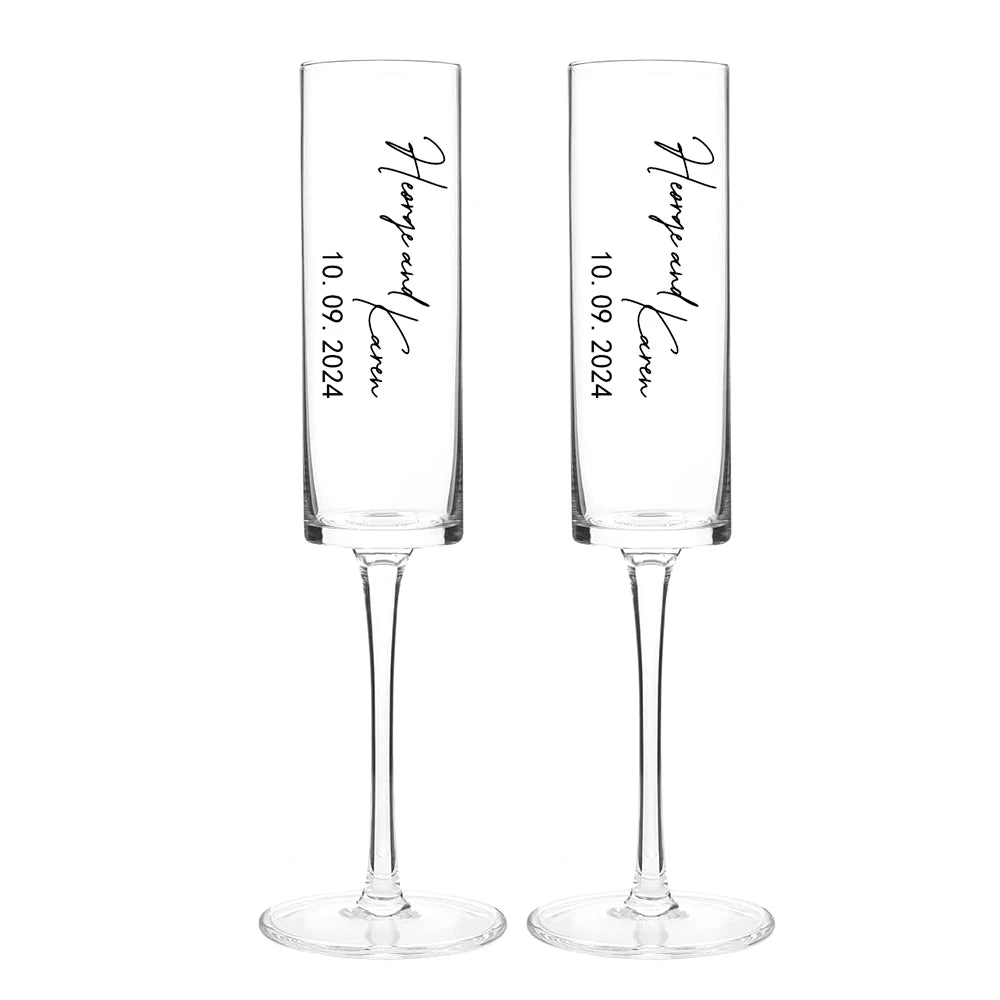 Laser engraved wedding champagne glasses with elegant tall stems
