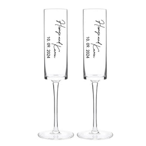 Laser engraved wedding champagne glasses with elegant tall stems