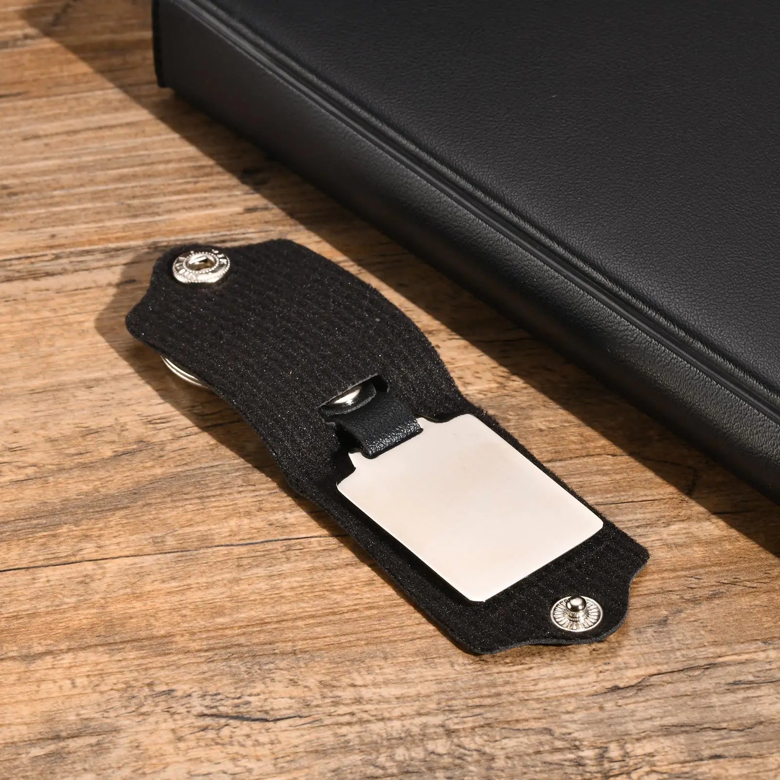 leather photo keychain with platinum plated metal frame