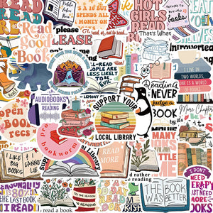 Library and reading themed stickers with books, shelves, and quote designs