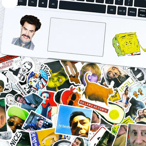 Funny meme stickers applied on laptop, skateboard, and fridge for creative decoration