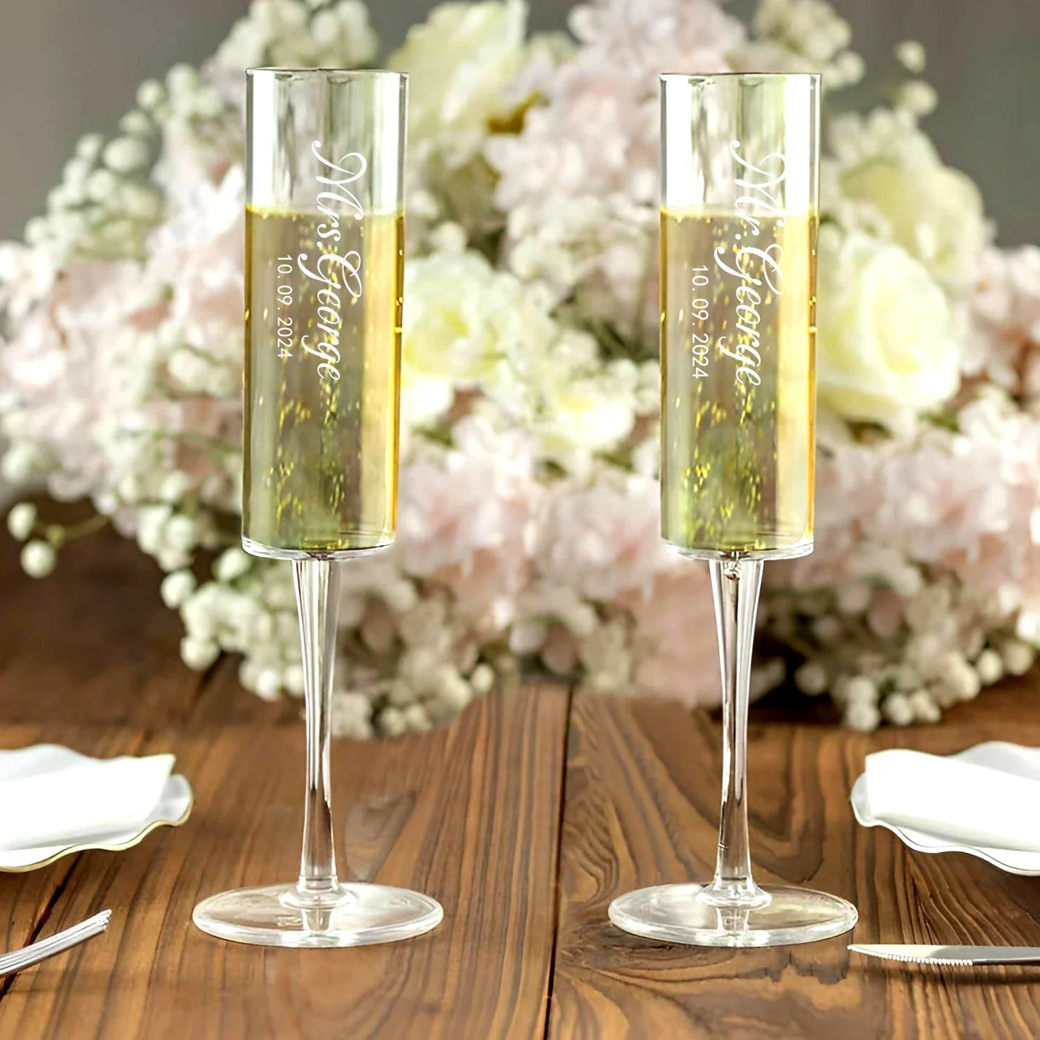 Modern tall champagne flutes with personalized name engraving
