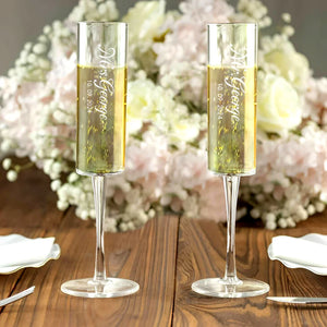 Modern tall champagne flutes with personalized name engraving