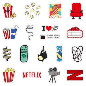 Movie night aesthetic stickers with cinema themed illustrations and fun designs