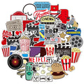 Movie themed graffiti sticker pack with cinema icons, popcorn, film reels, and kawaii cartoon designs