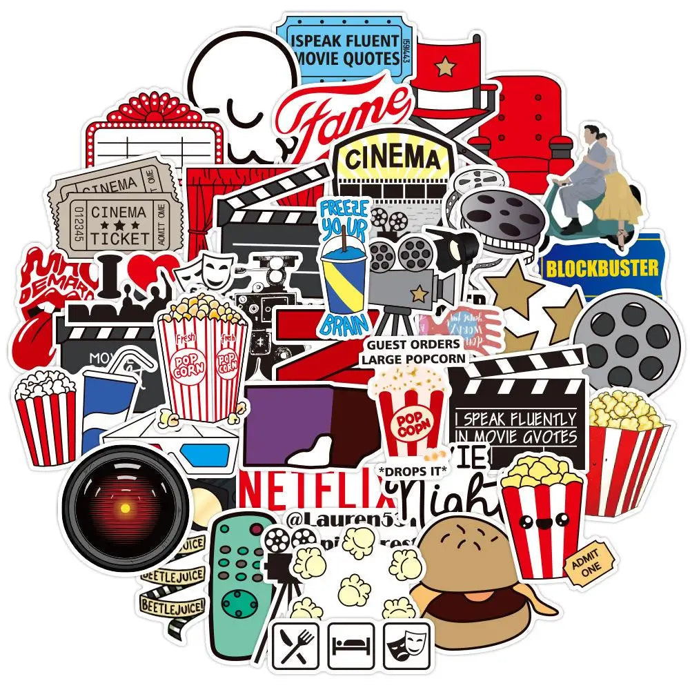 Movie themed graffiti sticker pack with cinema icons, popcorn, film reels, and kawaii cartoon designs