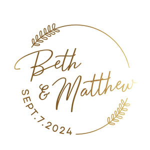 Gold foil clear wedding stickers with couple names and heart symbol