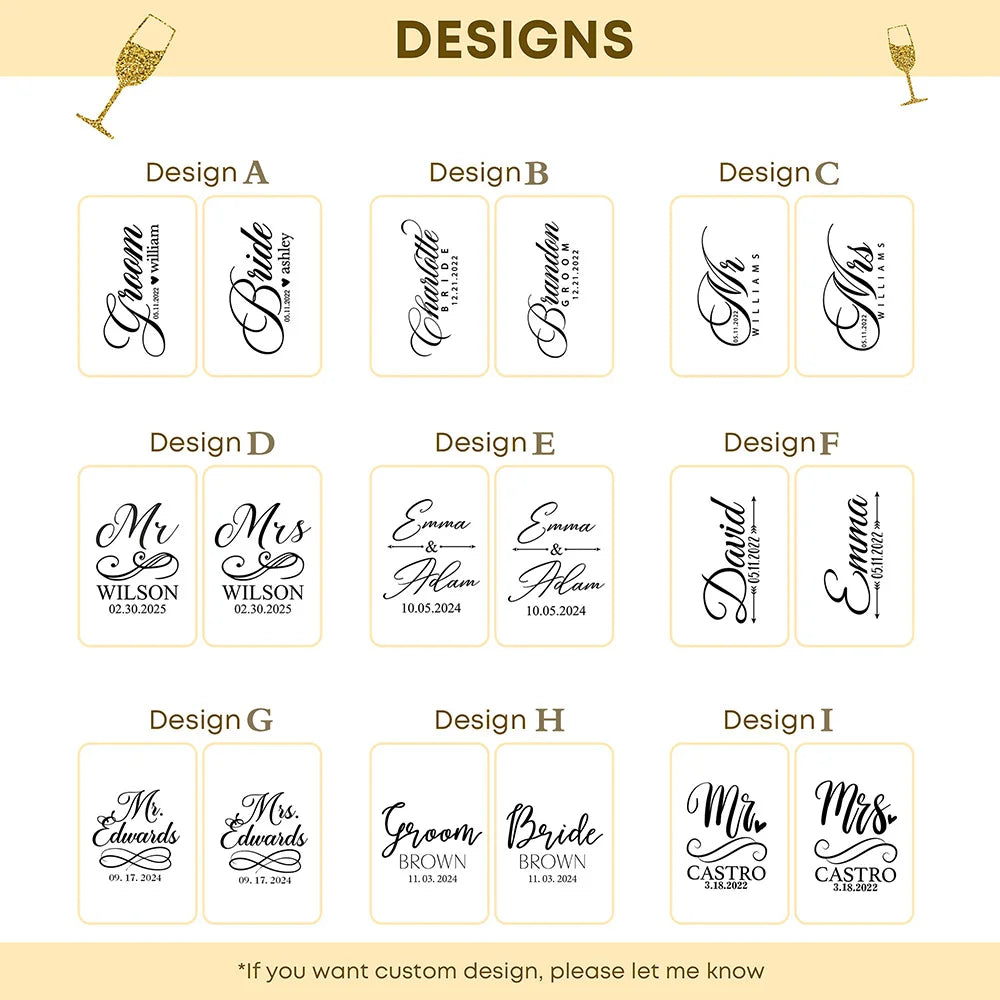 Font and name engraving styles available for custom champagne glasses