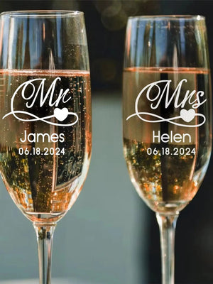 Personalized champagne glass displayed on table setting