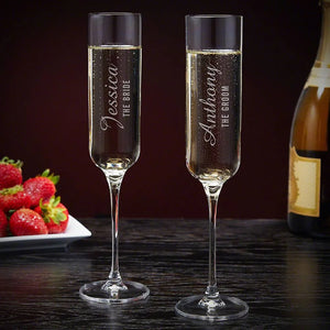 Personalized Mr and Mrs champagne flutes set of two with laser engraving