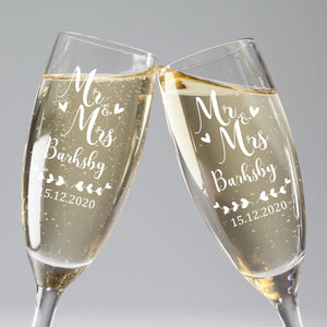 Personalized sparkling wine glasses with custom name engraving