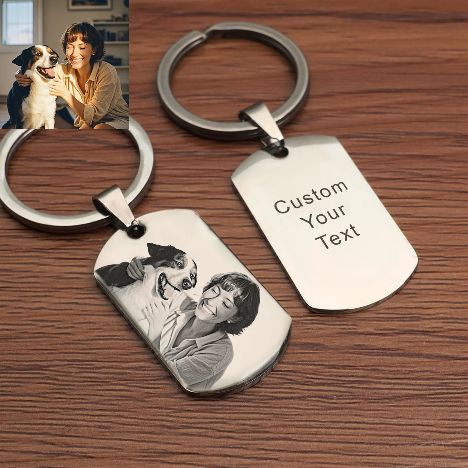 Personalized stainless steel photo keychain with custom engraving for couples and pet memorials
