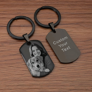Personalized photo keychain with optional engraved text on stainless steel back