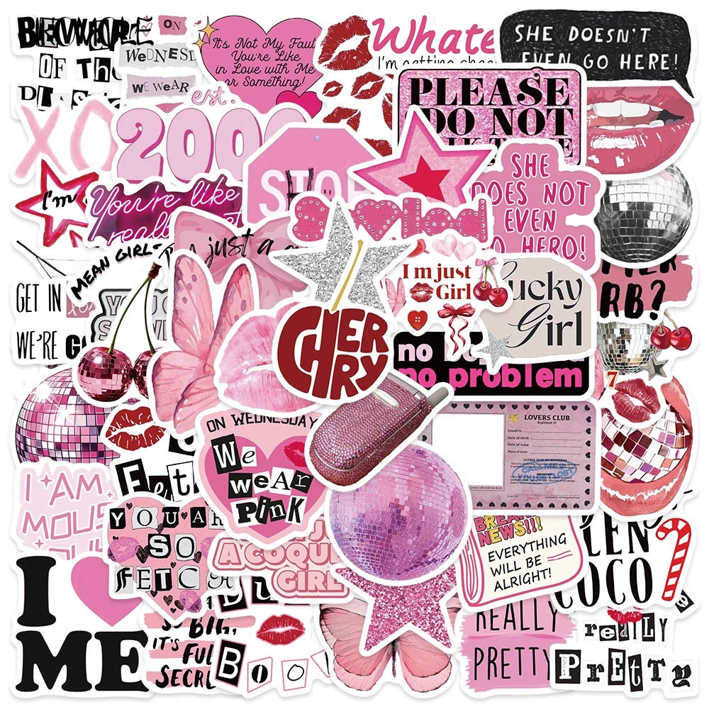 Pink aesthetic girl sticker collage featuring cute cartoon designs, hearts, stars, lips, and trendy quotes

