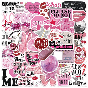 Pink aesthetic girl sticker collage featuring cute cartoon designs, hearts, stars, lips, and trendy quotes

