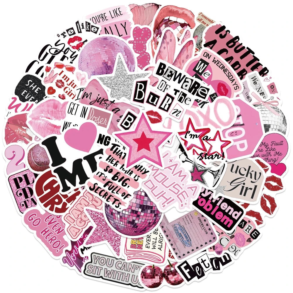 Pink aesthetic girl stickers collage with cute kawaii cartoon designs, hearts, stars, lips, and trendy quotes on white background