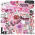 Pink aesthetic girl stickers pack featuring cute kawaii cartoon decals with lips, stars, quotes, and girly designs on white background