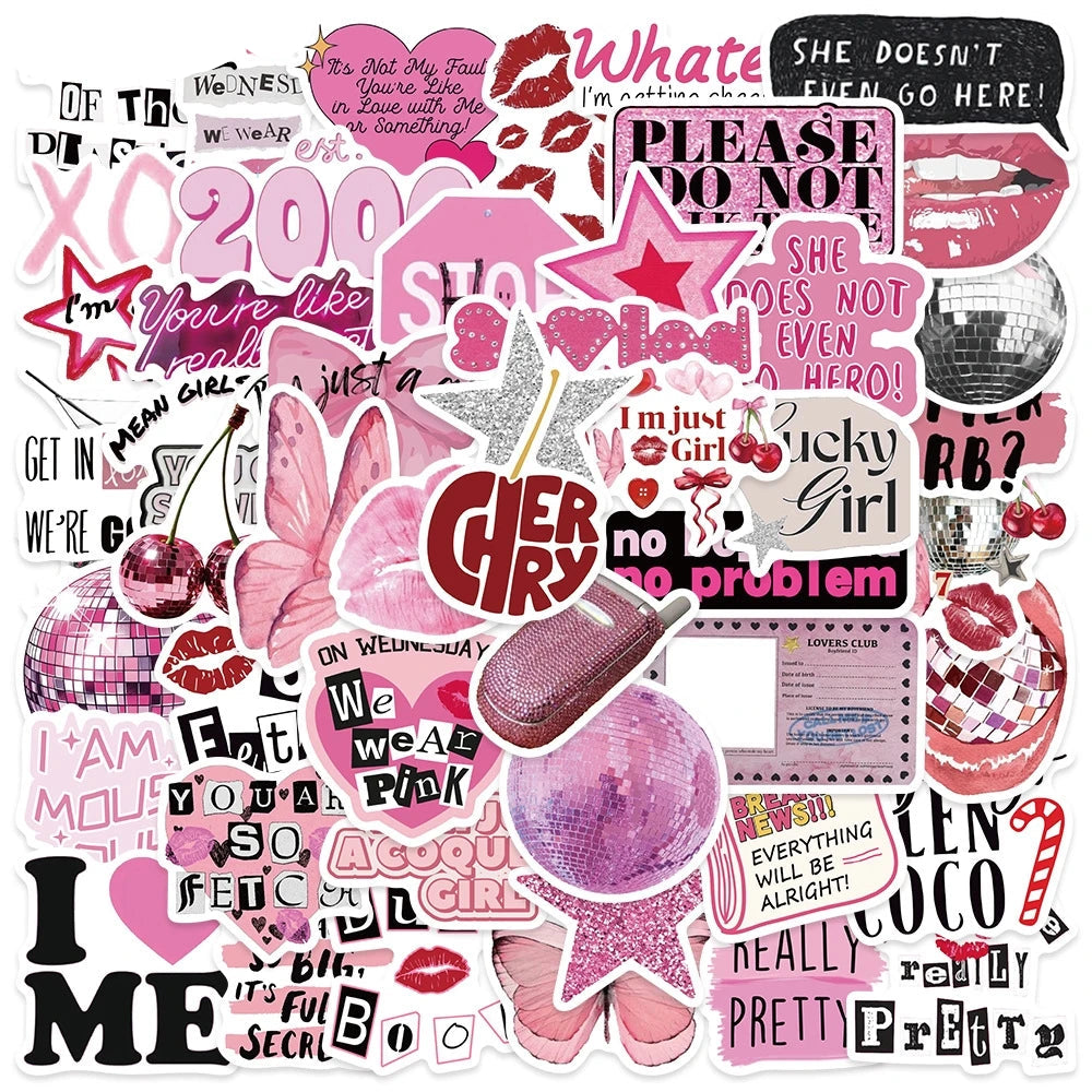 Pink aesthetic girl stickers pack featuring cute kawaii cartoon decals with lips, stars, quotes, and girly designs on white background