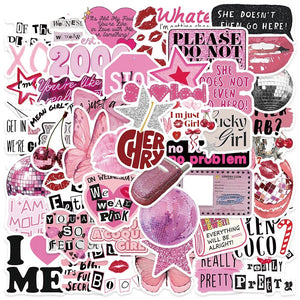 Pink aesthetic girl stickers pack featuring cute kawaii cartoon decals with lips, stars, quotes, and girly designs on white background