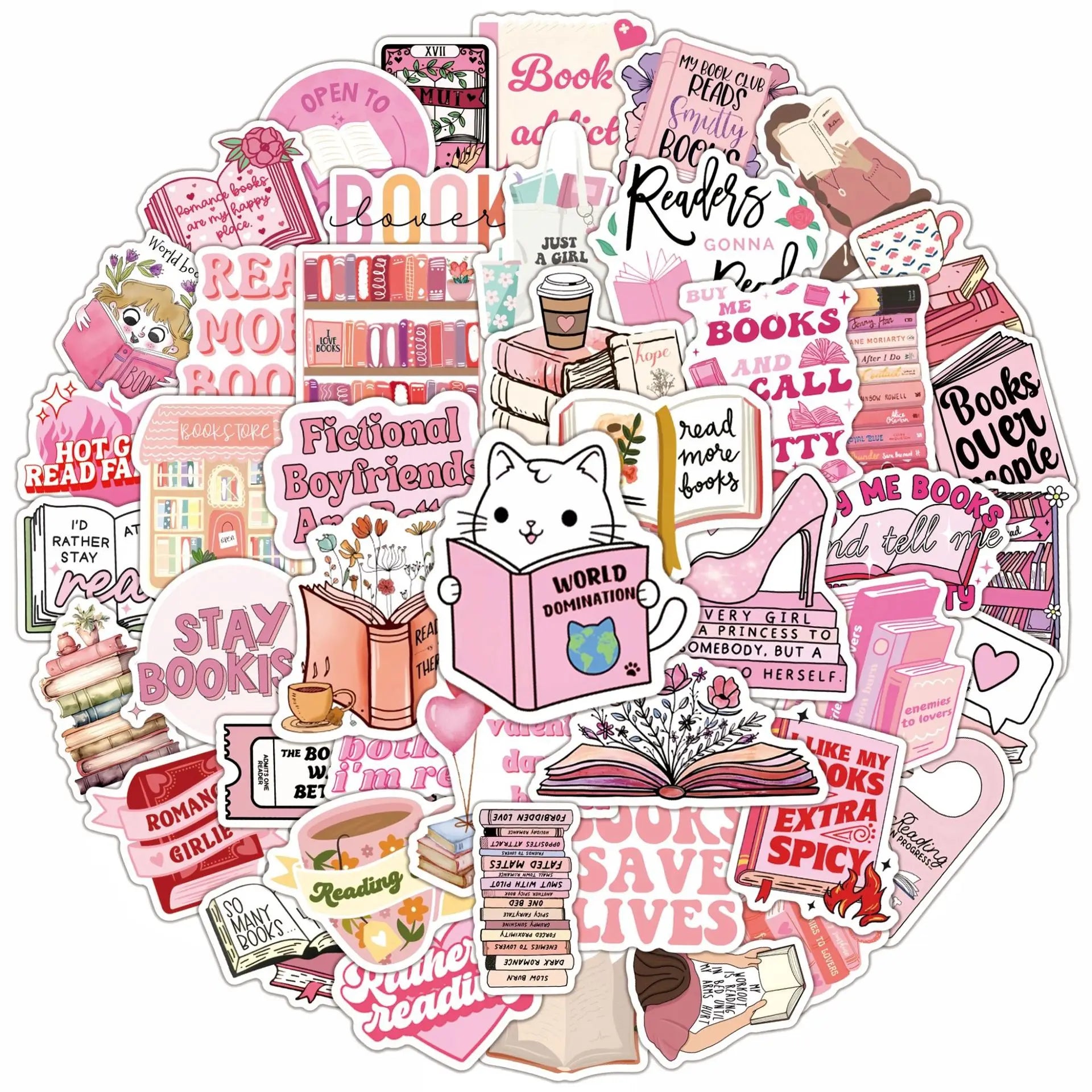 Pink book lover cartoon sticker with stacked books and cozy reading aesthetic