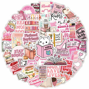 Pink book lover cartoon sticker with stacked books and cozy reading aesthetic